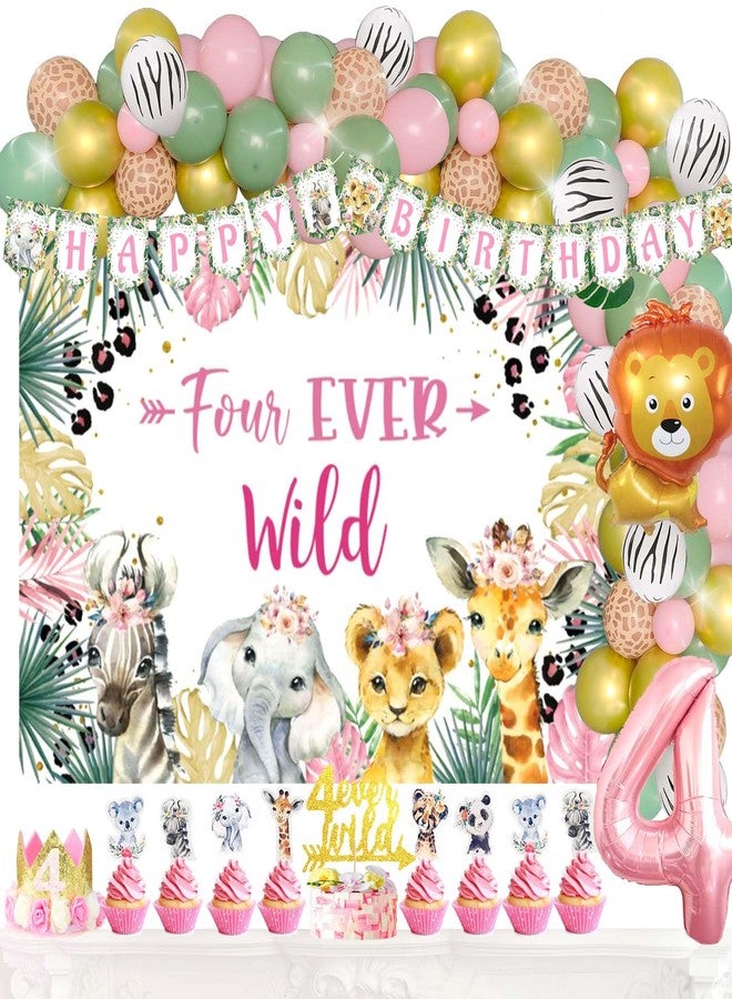 Fiesec Four Ever Wild Birthday Decorations Girl, Jungle Safari Animal Theme 4th Party Decorations Backdrop Balloons Garland Banner Cake Cupcake Topper Poster Crown Lion Cheetah Giraffe Pink 115 PCs - Image 1